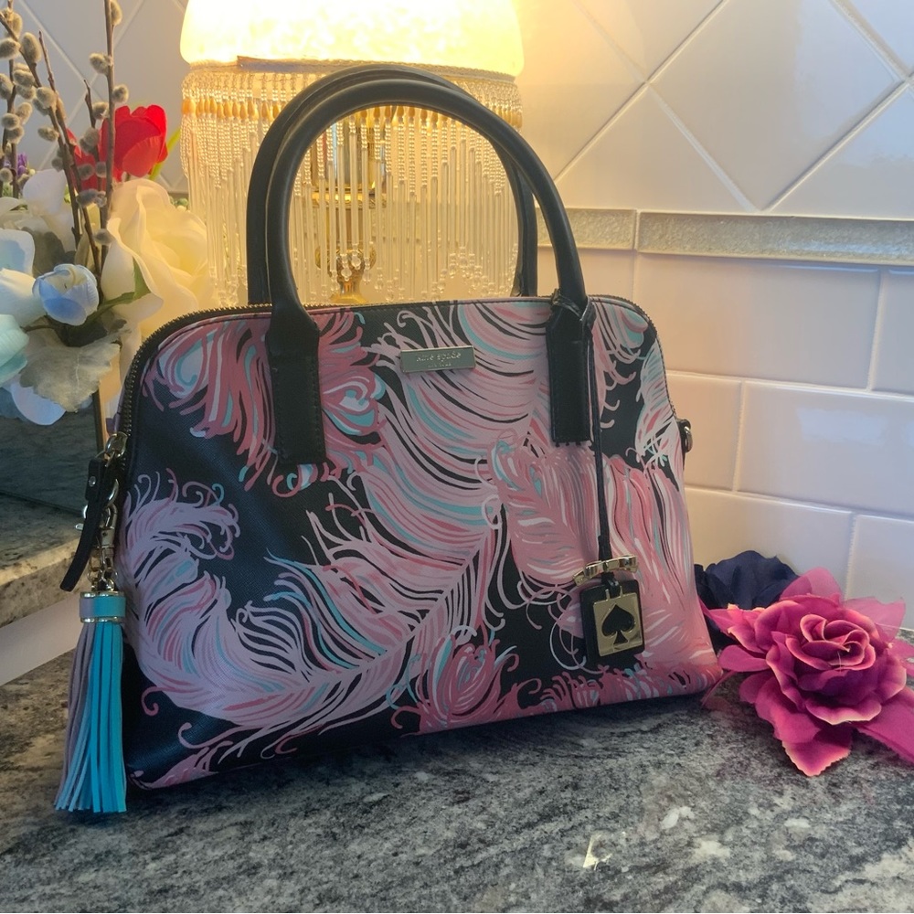 kate spade Black Pink & Teal Feather Print Crossbody Satchel